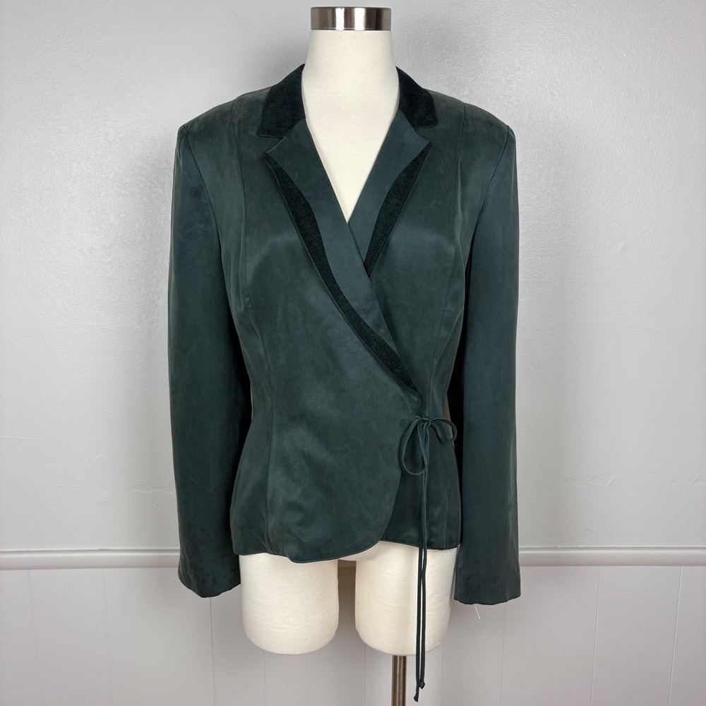Dorothy Schoelen Platinum Vtg Wrap Jacket Blazer Size L Dark Green Chenille Trim